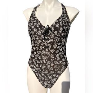 Baja Blue Vintage High Cut Swimsuit Black and White Floral One Piece Size 12